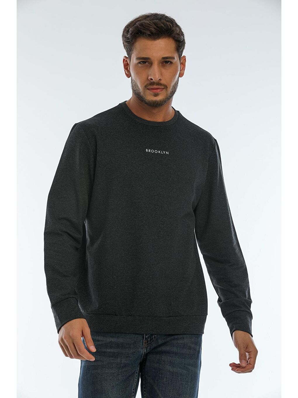 Antrasit Erkek Bisiklet Yaka Regular Fit Brooklyn Baskılı İnce Sweatshirt SPR22SW132-4