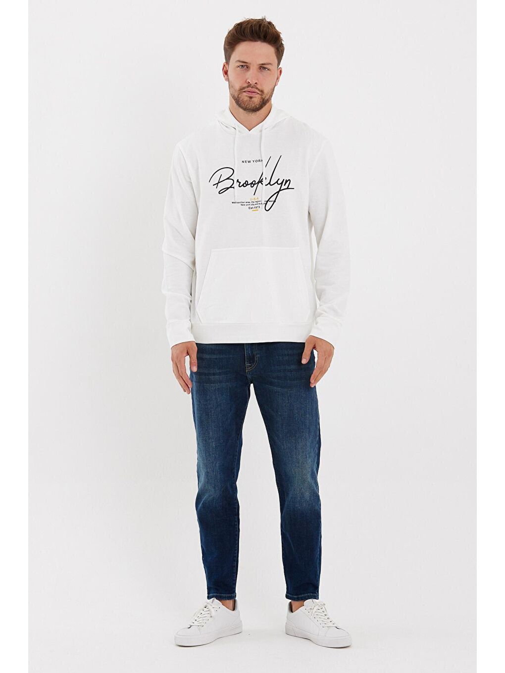 Süperlife Ekru Erkek Kapüşonlu Oversize Fit Brooklyn Baskılı İnce Sweatshirt SPR23SW361