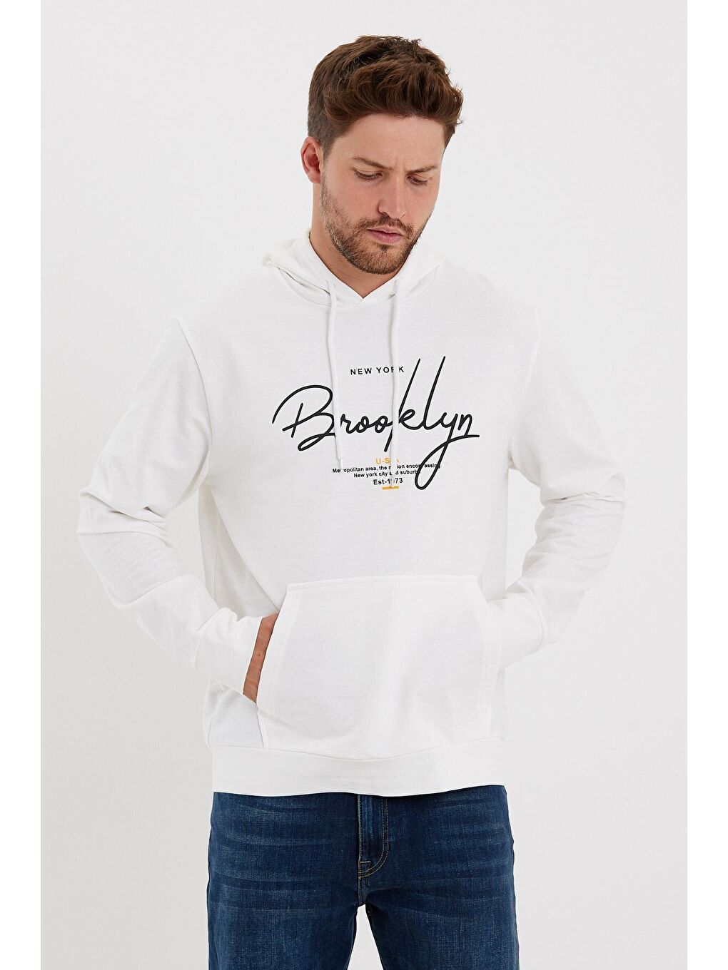 Süperlife Ekru Erkek Kapüşonlu Oversize Fit Brooklyn Baskılı İnce Sweatshirt SPR23SW361 - 1