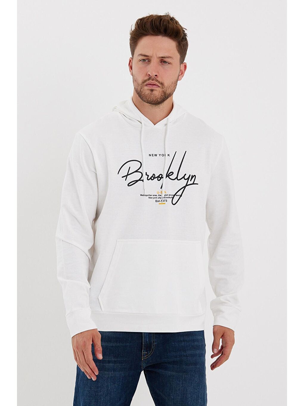 Süperlife Ekru Erkek Kapüşonlu Oversize Fit Brooklyn Baskılı İnce Sweatshirt SPR23SW361 - 2