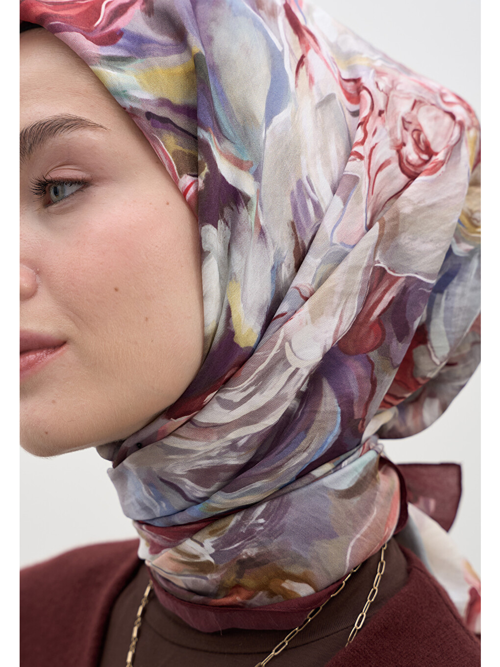 Nerıssa Desen Pamuklu Viskon Eşarp Bordo-3