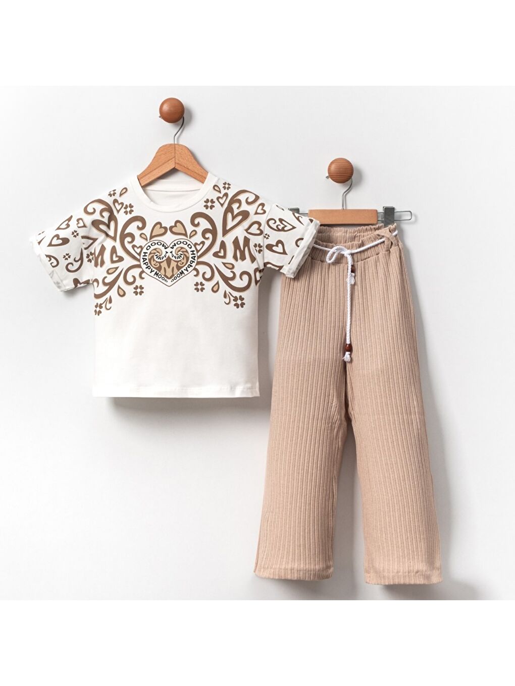 Bej Fitilli Örme Pantolonlu Baskılı Kız Çocuk Takım MNK2120-4