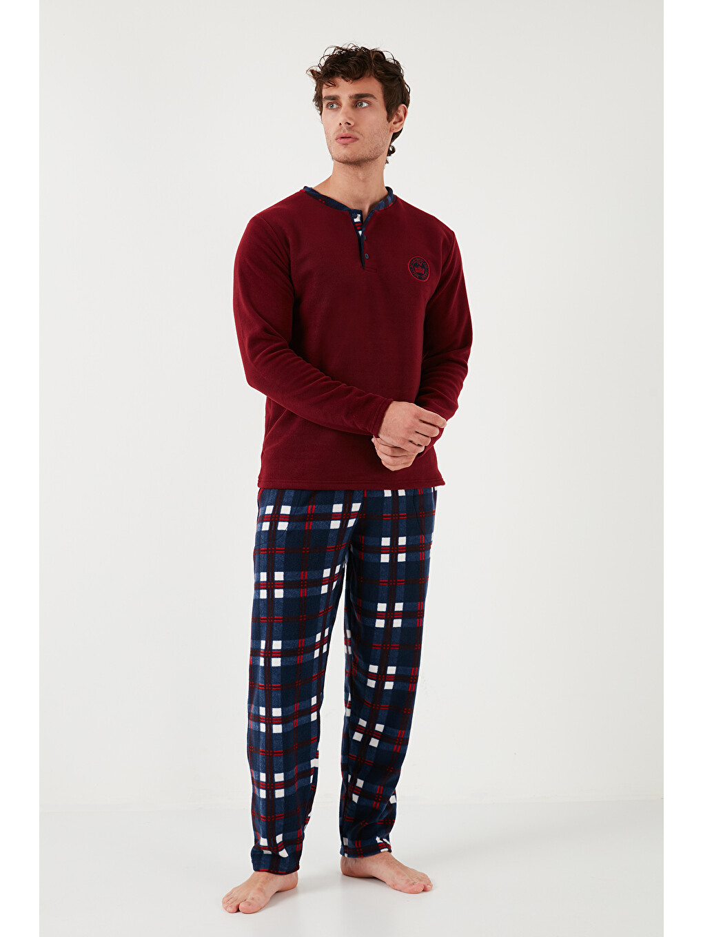 Bordo Regular Fit Bisiklet Yaka Kışlık Yumuşak Dokulu Polar Erkek Pijama Takımı 6096100-1