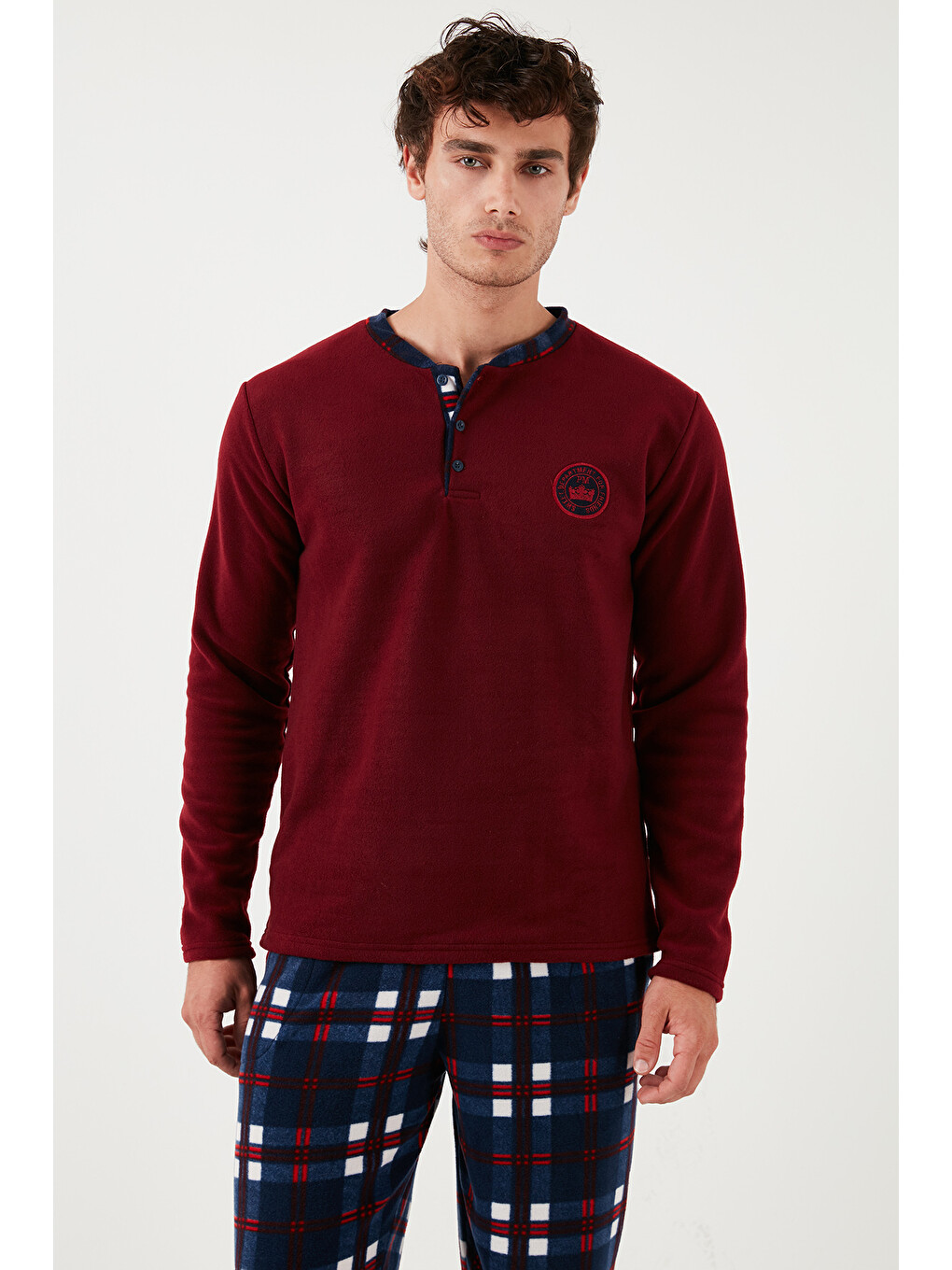 Bordo Regular Fit Bisiklet Yaka Kışlık Yumuşak Dokulu Polar Erkek Pijama Takımı 6096100-2