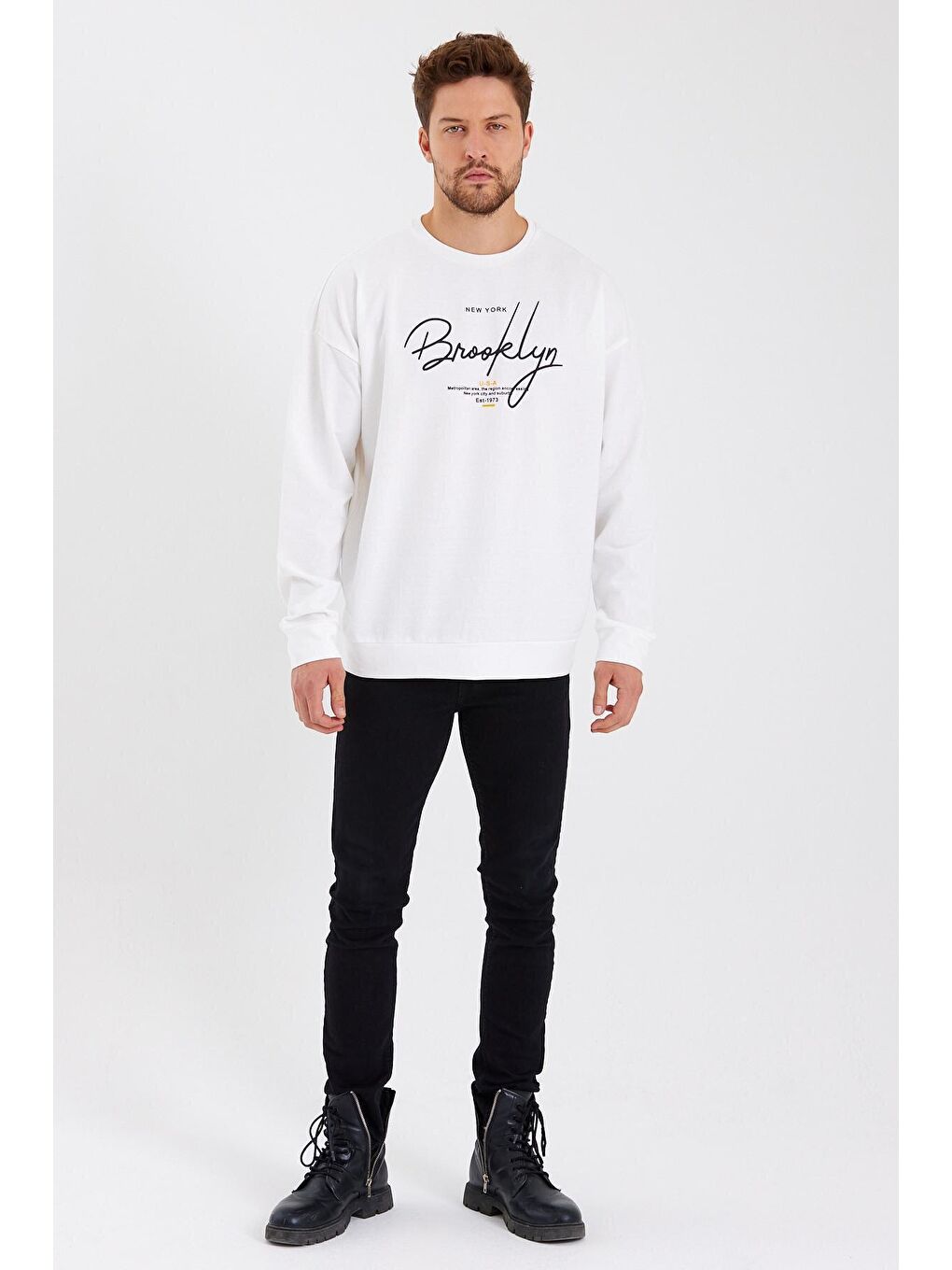 Süperlife Ekru Erkek Bisiklet Yaka Oversize Fit El Yazılı Brooklyn İnce Sweatshirt SPR23SW331