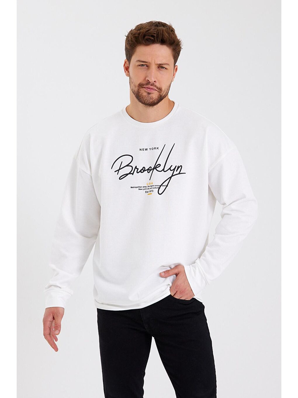 Süperlife Ekru Erkek Bisiklet Yaka Oversize Fit El Yazılı Brooklyn İnce Sweatshirt SPR23SW331 - 1