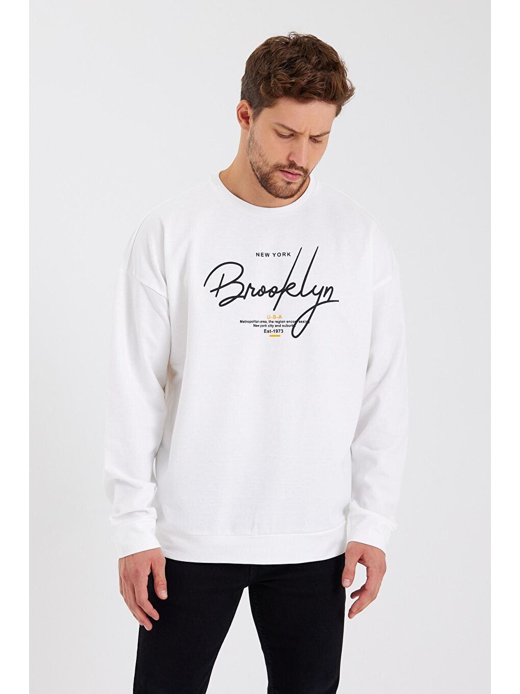 Süperlife Ekru Erkek Bisiklet Yaka Oversize Fit El Yazılı Brooklyn İnce Sweatshirt SPR23SW331 - 2