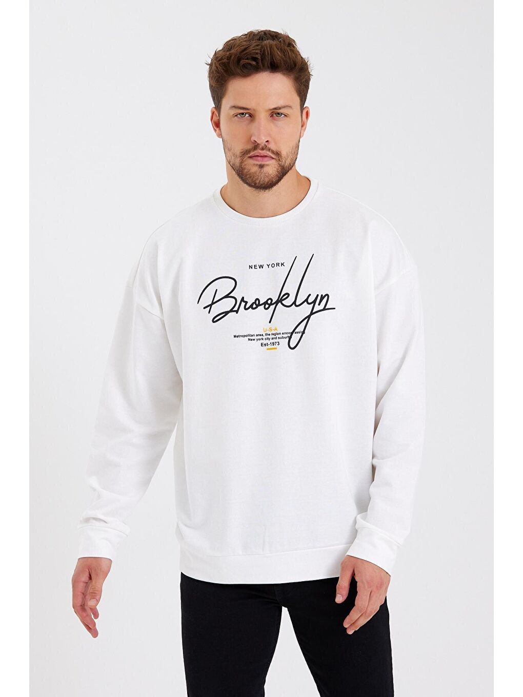 Süperlife Ekru Erkek Bisiklet Yaka Oversize Fit El Yazılı Brooklyn İnce Sweatshirt SPR23SW331 - 3