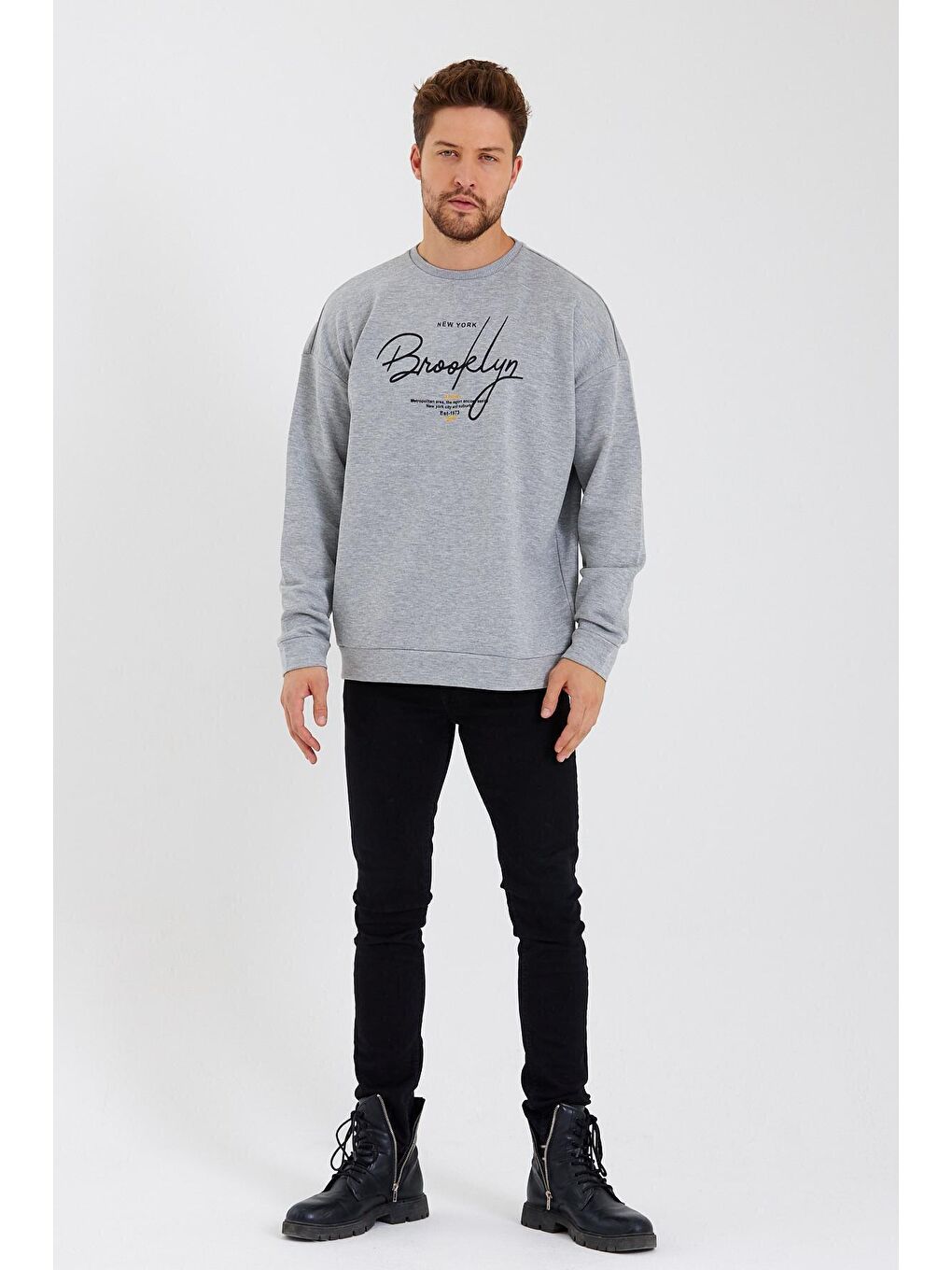 Süperlife Gri Erkek Bisiklet Yaka Oversize Fit El Yazılı Brooklyn İnce Sweatshirt SPR23SW331