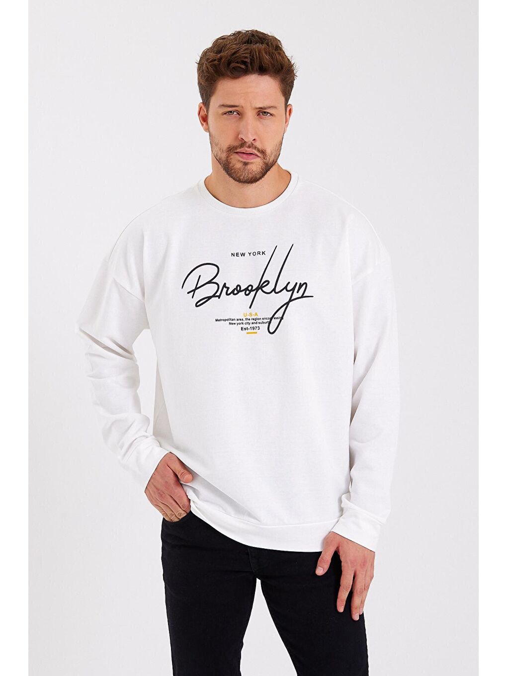 Süperlife Ekru Erkek Bisiklet Yaka Oversize Fit El Yazılı Brooklyn İnce Sweatshirt SPR23SW331 - 4