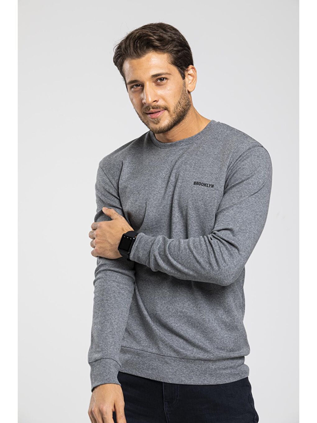 Süperlife Gri Bisiklet Yaka Uzun Kollu Dar Kalıp İnce Erkek Sweatshirt SPR2019K18 - 1