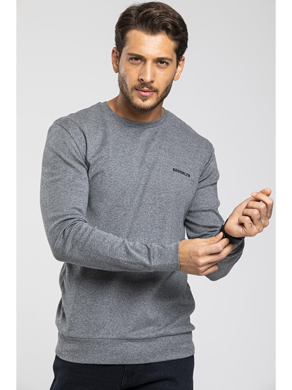 Süperlife Gri Bisiklet Yaka Uzun Kollu Dar Kalıp İnce Erkek Sweatshirt SPR2019K18 - 2