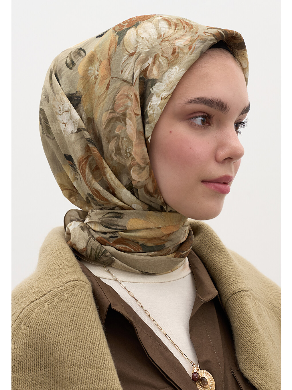 Rosıne Desen Pamuklu Viskon Eşarp Naturel Bej-4