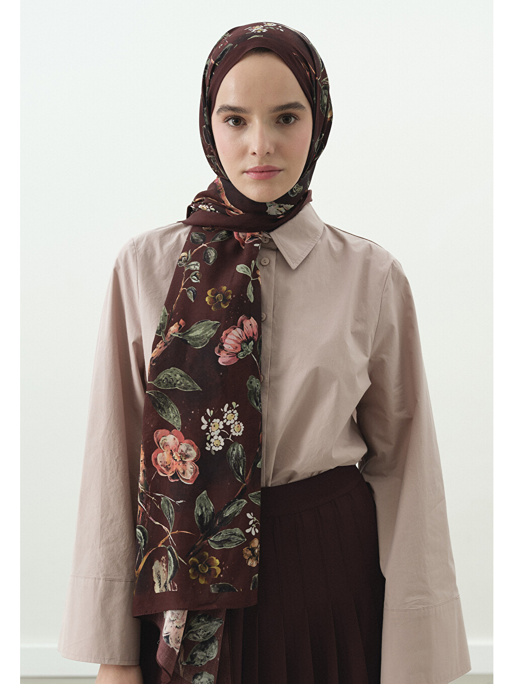 Flower Rain Desenli Pamuk Viskon Şal Bordo