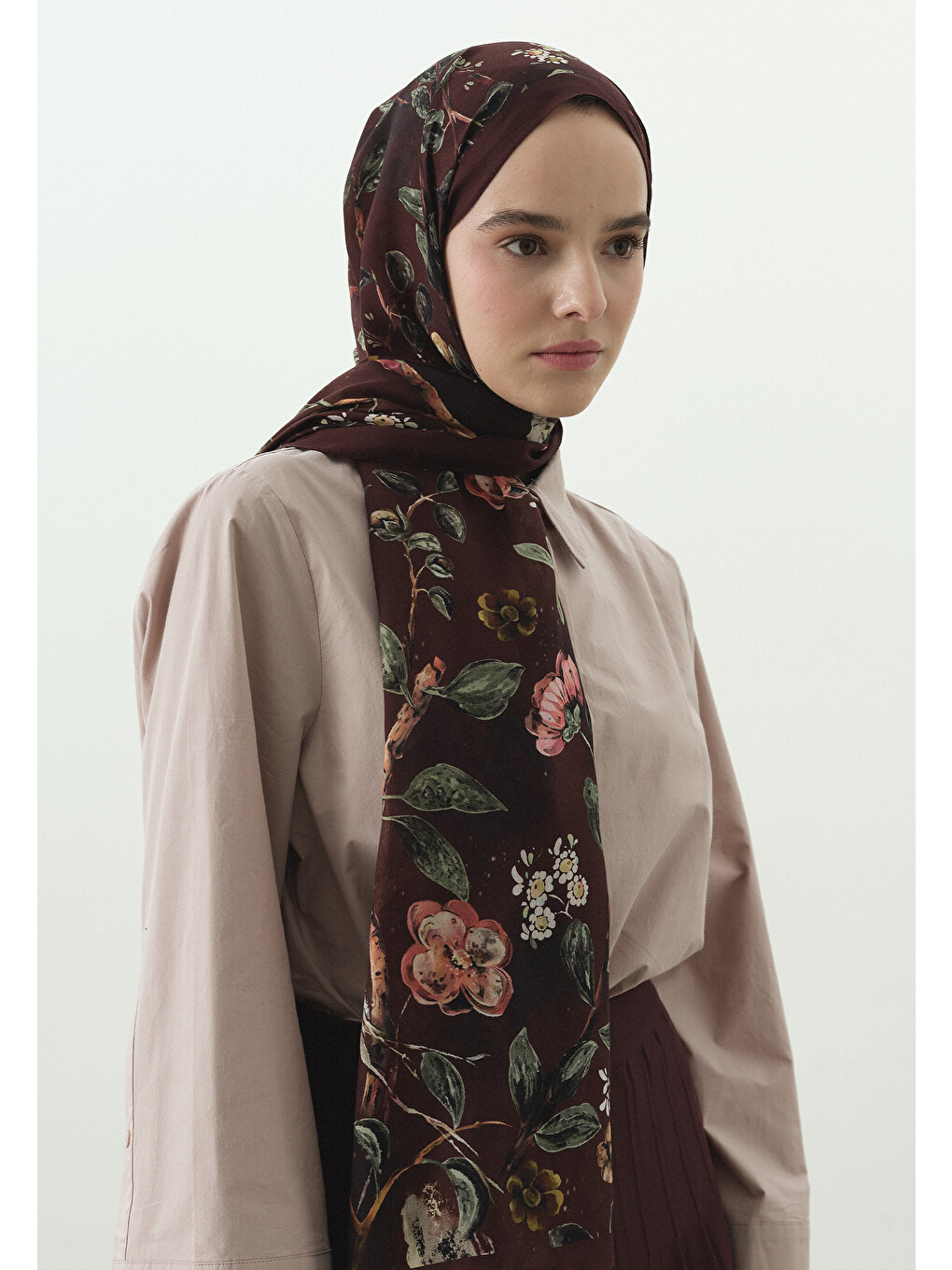 Flower Rain Desenli Pamuk Viskon Şal Bordo-1