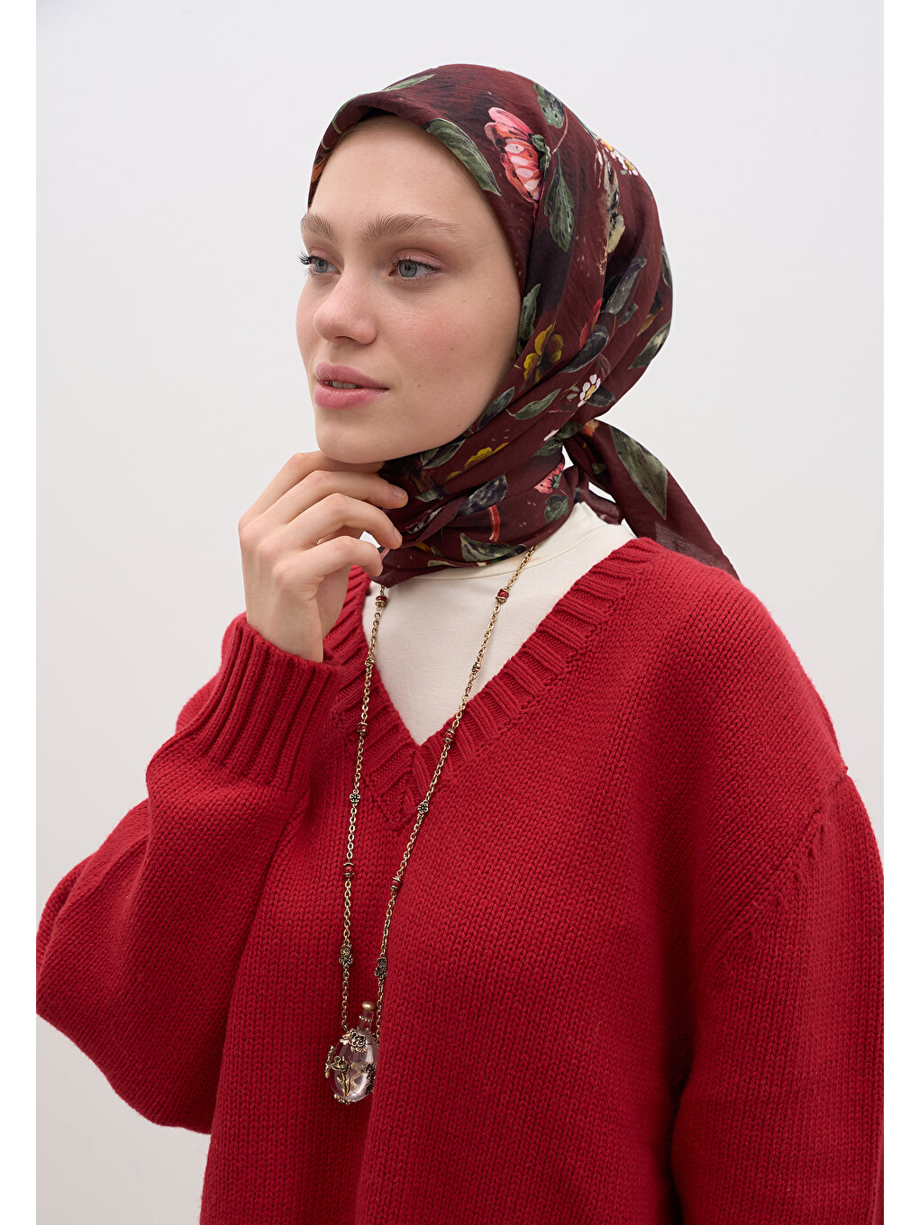 Flower Rain Desen Pamuklu Viskon Eşarp Bordo-5