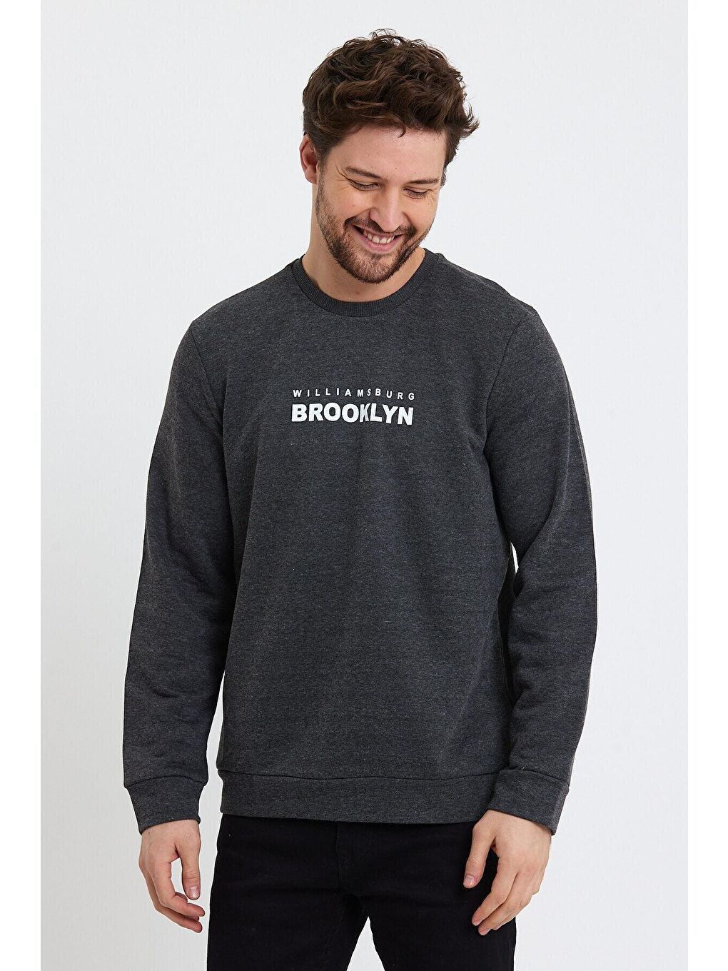Antrasit Erkek Bisiklet Yaka Regular Fit Brooklyn Baskılı İnce Sweatshirt SPR23SW330-1