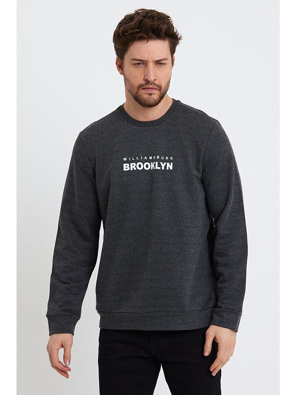 Antrasit Erkek Bisiklet Yaka Regular Fit Brooklyn Baskılı İnce Sweatshirt SPR23SW330-2