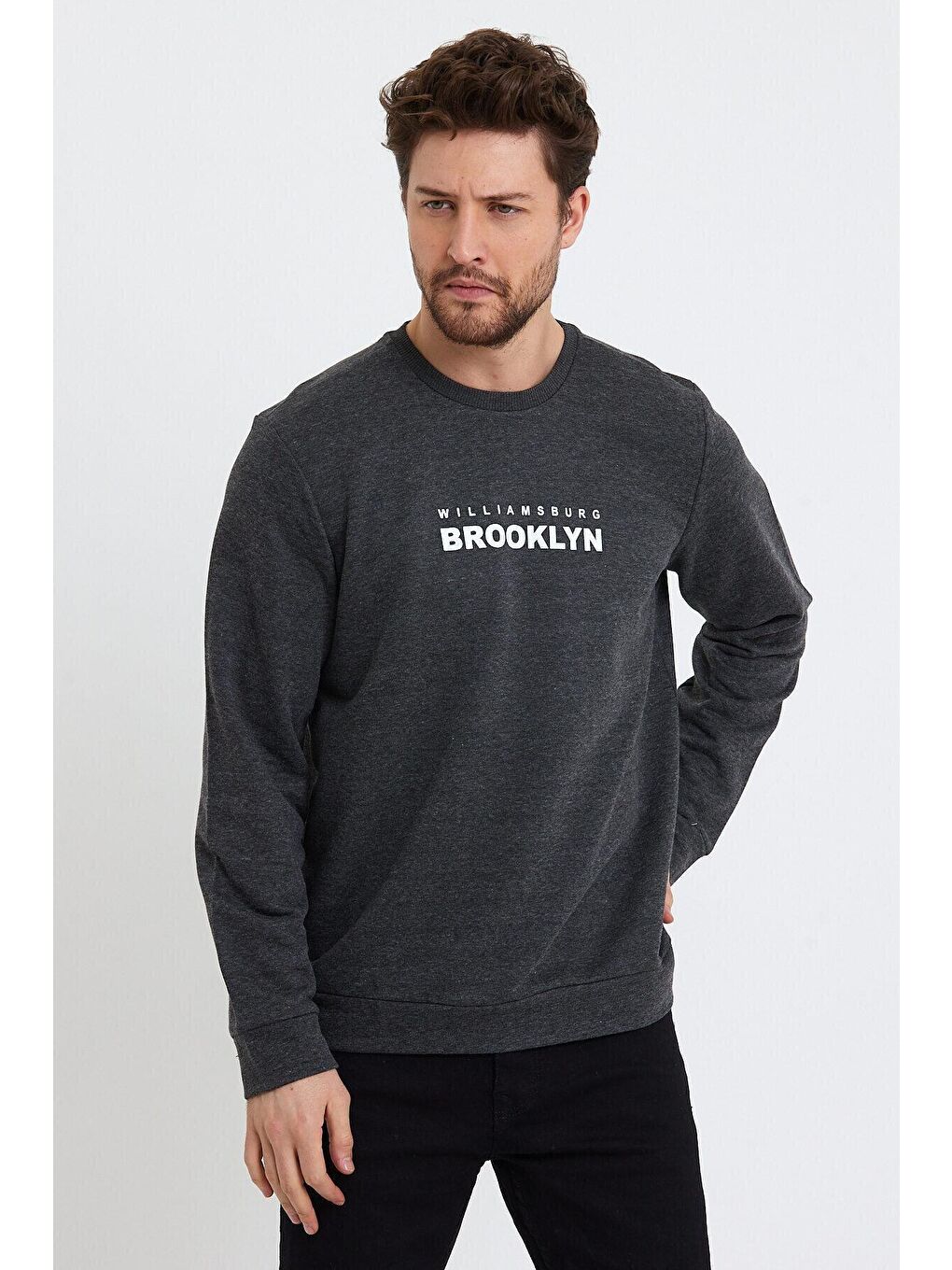 Antrasit Erkek Bisiklet Yaka Regular Fit Brooklyn Baskılı İnce Sweatshirt SPR23SW330-3
