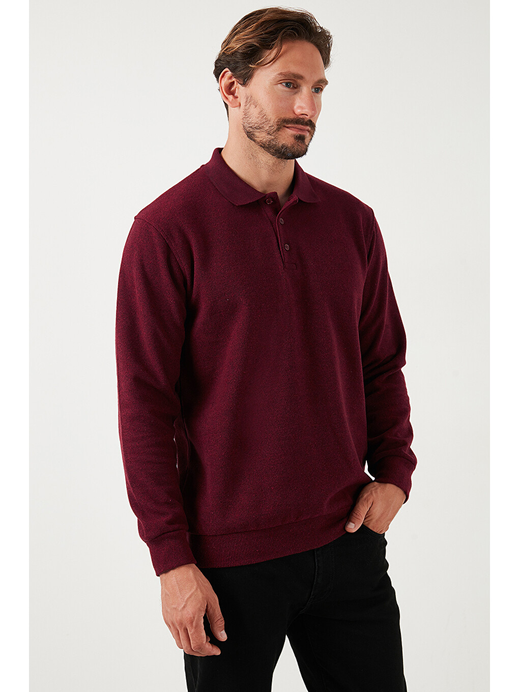 Mürdüm Pamuk Karışımlı Regular Fit Polo Yaka Erkek Kazak 456223-4