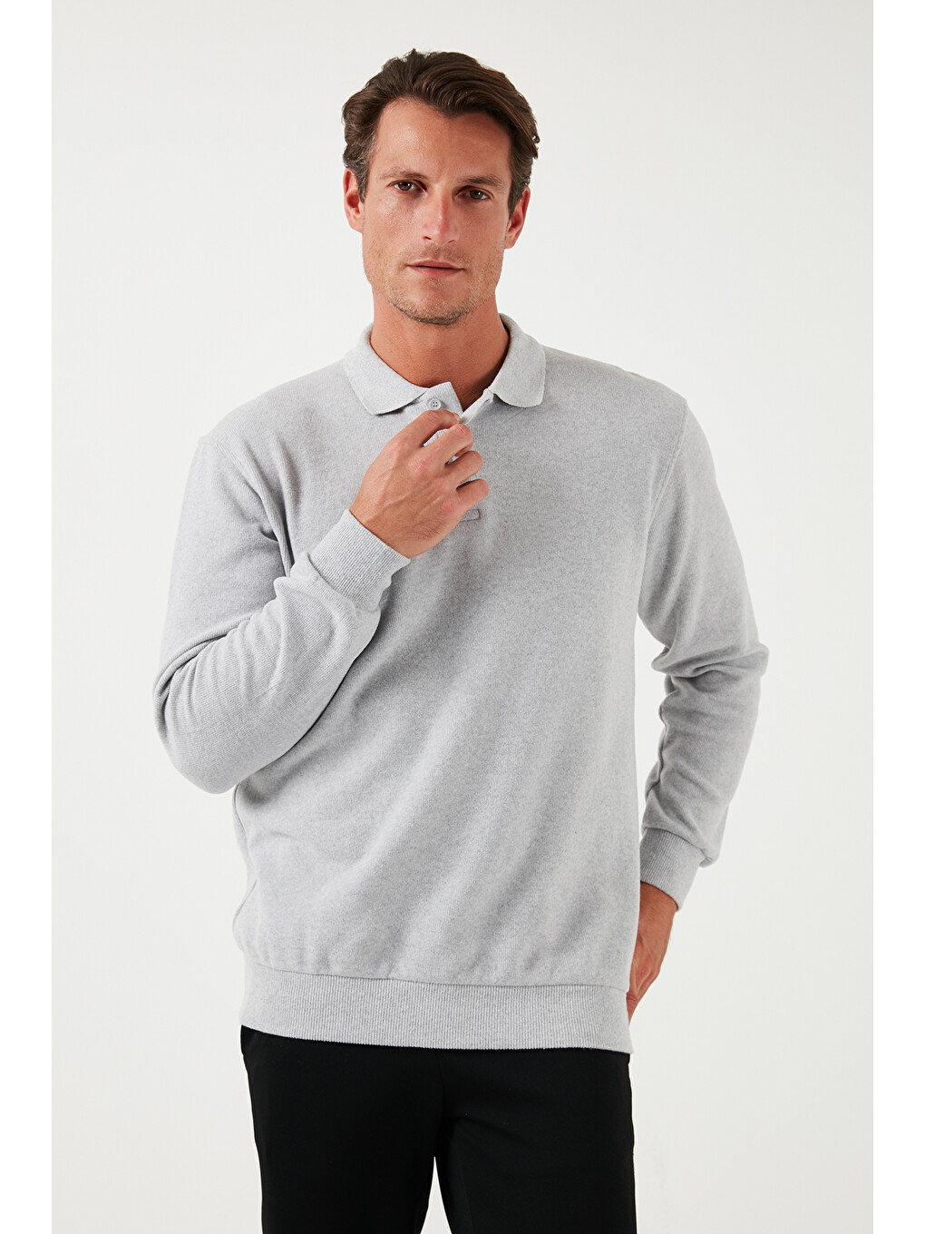 Gri Pamuk Karışımlı Regular Fit Polo Yaka Erkek Kazak 456223-6