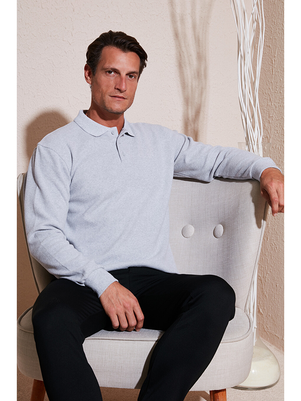 Gri Pamuk Karışımlı Regular Fit Polo Yaka Erkek Kazak 456223-1