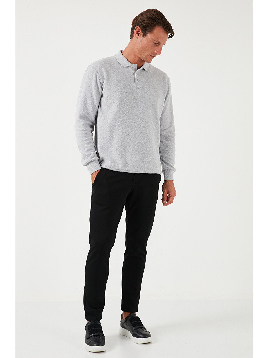 Gri Pamuk Karışımlı Regular Fit Polo Yaka Erkek Kazak 456223-3