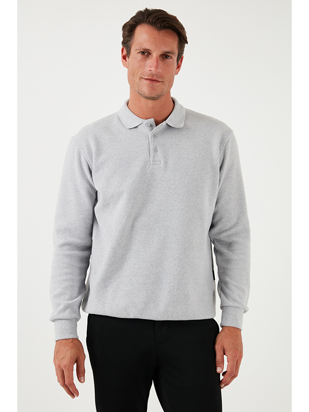 Gri Pamuk Karışımlı Regular Fit Polo Yaka Erkek Kazak 456223-4