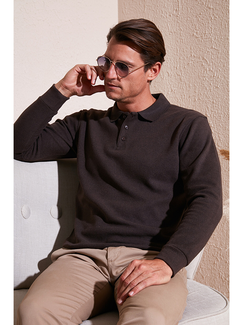Kahverengi Pamuk Karışımlı Regular Fit Polo Yaka Erkek Kazak 456223-1