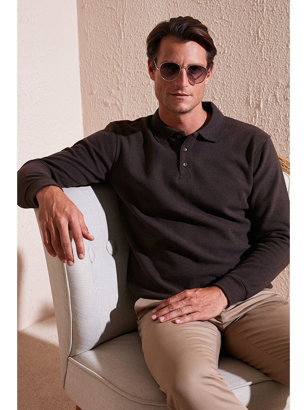 Kahverengi Pamuk Karışımlı Regular Fit Polo Yaka Erkek Kazak 456223-2