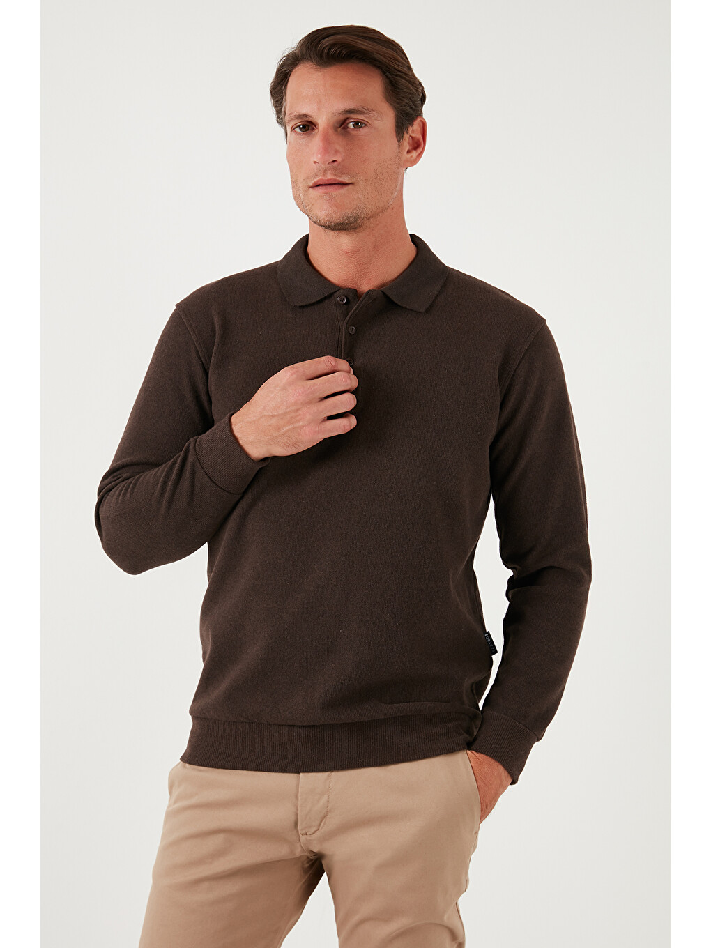 Kahverengi Pamuk Karışımlı Regular Fit Polo Yaka Erkek Kazak 456223-3