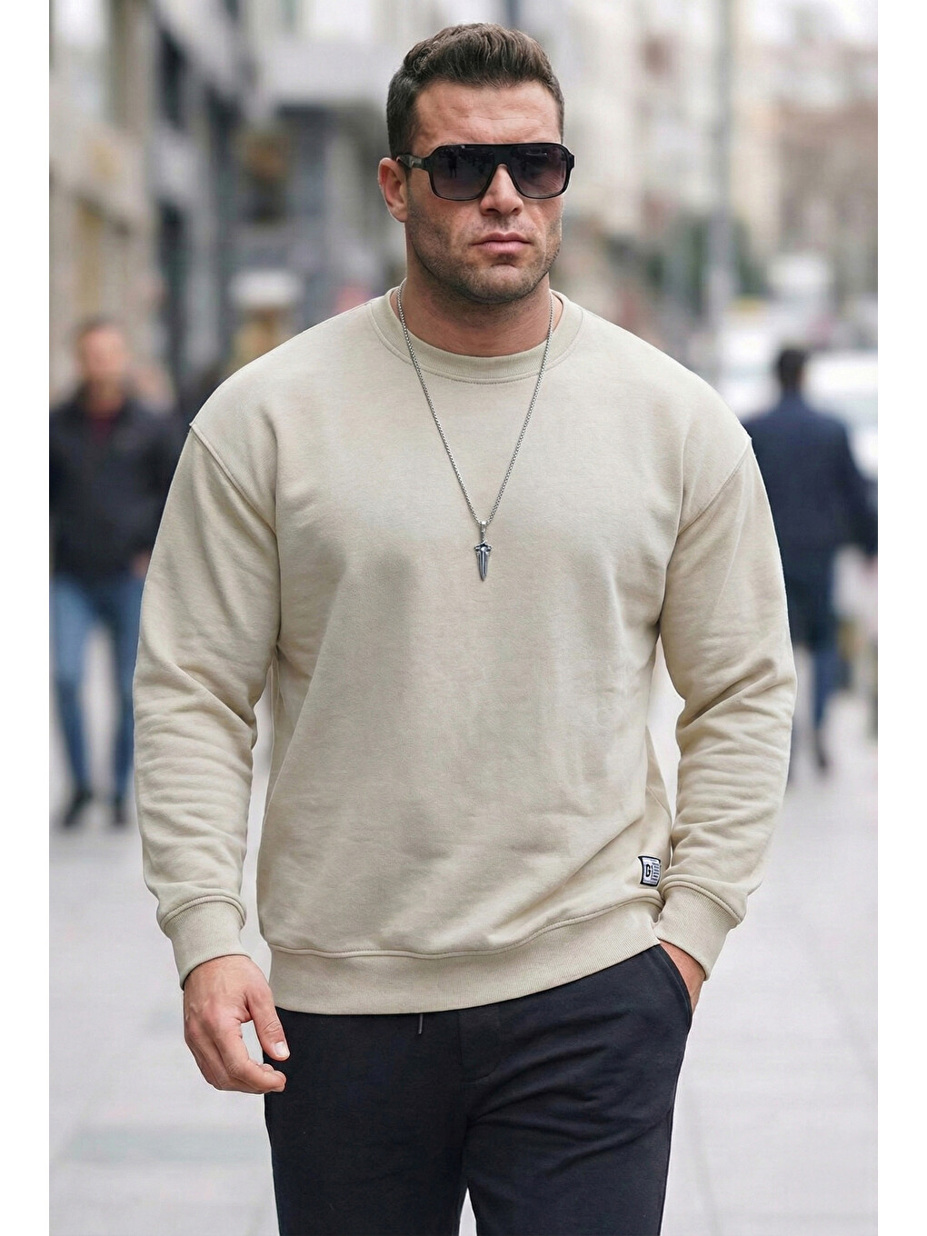 Ekru Regular Fit Bisiklet Yaka Pamuklu İçi Tüylü Yumuşak Şardonlu Erkek Sweat 5905255