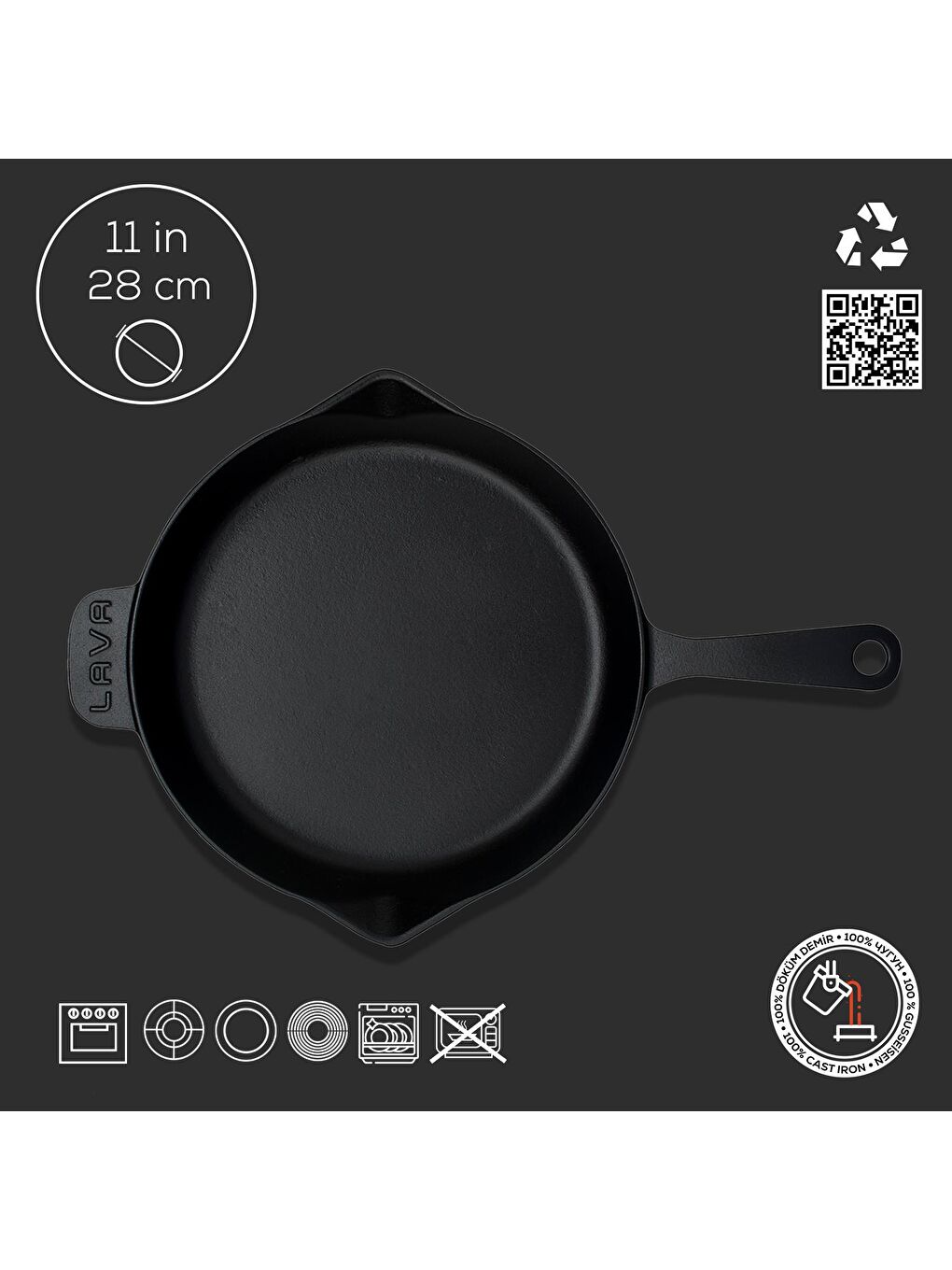 LAVA Siyah Yuvarlak Kızartma Tavası Döküm Demir Yekpare Saplı. Çap(Ø)28cm - 3
