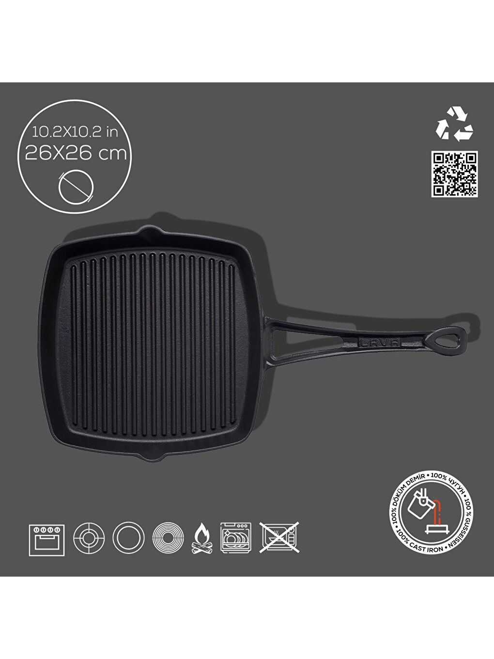 Siyah Kare Izgara Tava Döküm Demir Yekpare Saplı. Ölçü 26x26cm.-2