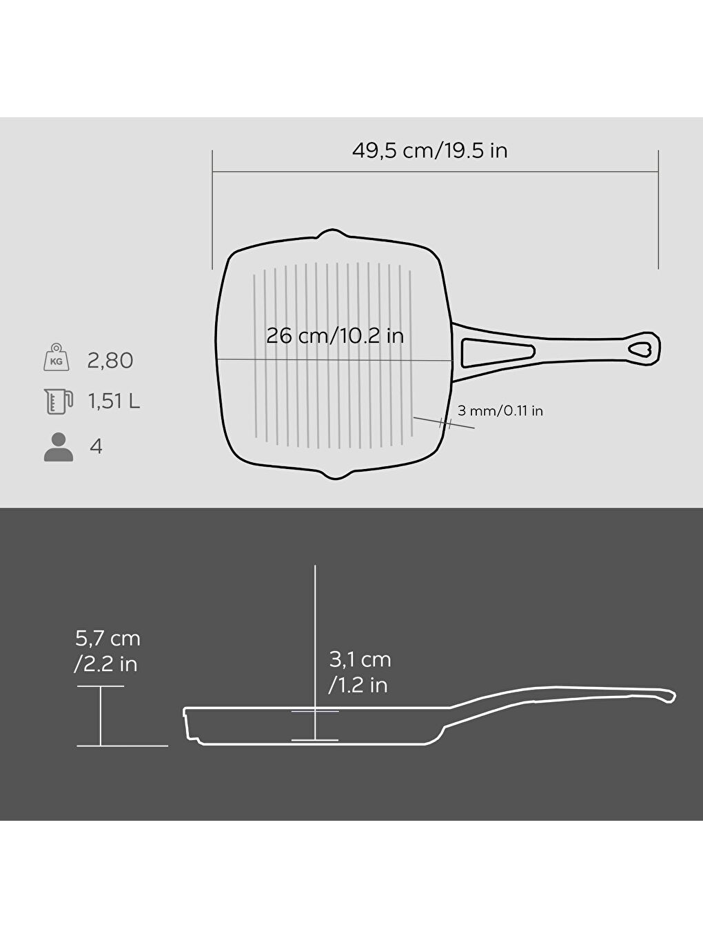 Siyah Kare Izgara Tava Döküm Demir Yekpare Saplı. Ölçü 26x26cm.-3