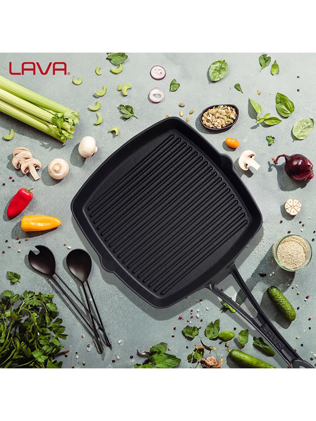 Siyah Kare Izgara Tava Döküm Demir Yekpare Saplı. Ölçü 26x26cm.-5