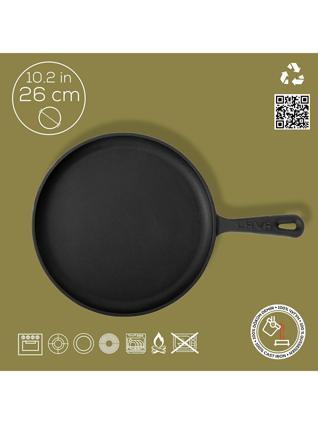 Siyah Yuvarlak Pizza Krep Pankek Tavası Döküm Demir Yekpare Saplı Çap(Ø)26cm.-3