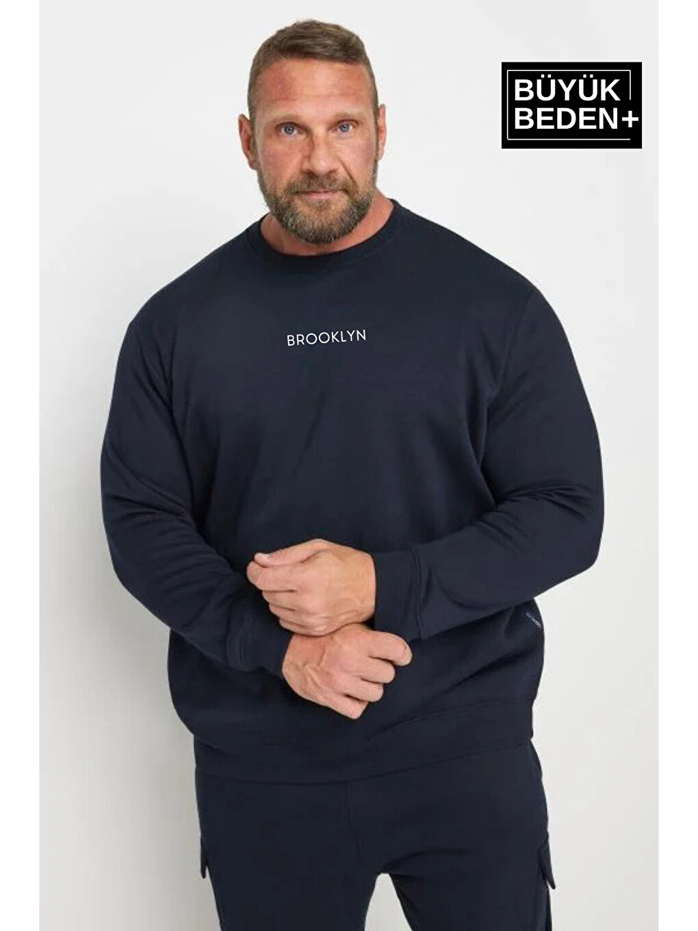 Lacivert Orta Brooklyn Baskılı İnce Bisiklet Yaka Erkek Büyük Beden Sweatshirt Spr25bsw60-1