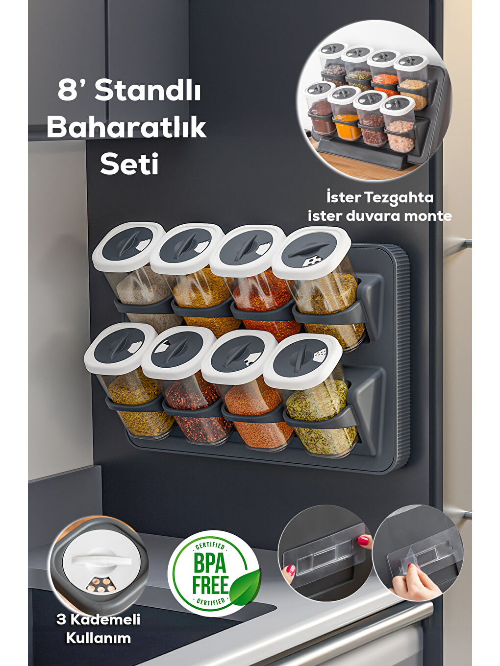 Antrasit 1122 8li Etiketli Asmalı Kendinden Yapışkanlı Tezgah Üstü Standlı Döner Kapaklı Baharatlık Seti