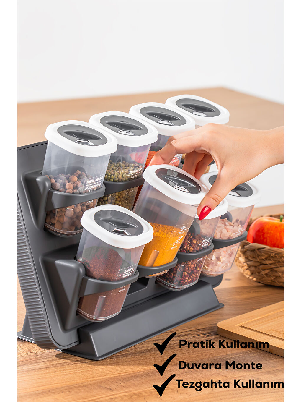 Antrasit 1122 8li Etiketli Asmalı Kendinden Yapışkanlı Tezgah Üstü Standlı Döner Kapaklı Baharatlık Seti-1