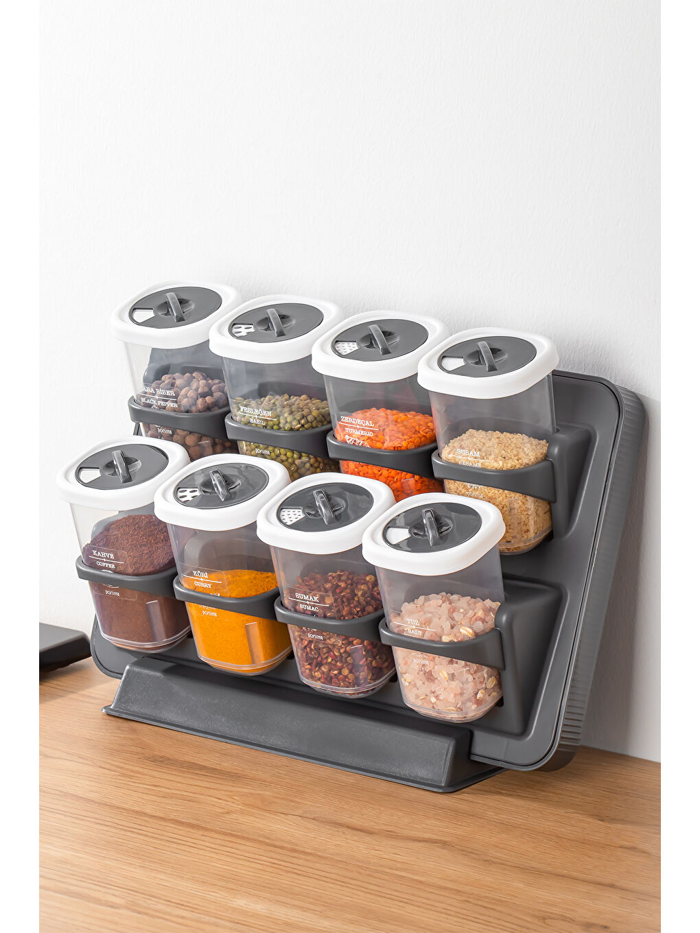 Antrasit 1122 8li Etiketli Asmalı Kendinden Yapışkanlı Tezgah Üstü Standlı Döner Kapaklı Baharatlık Seti-2