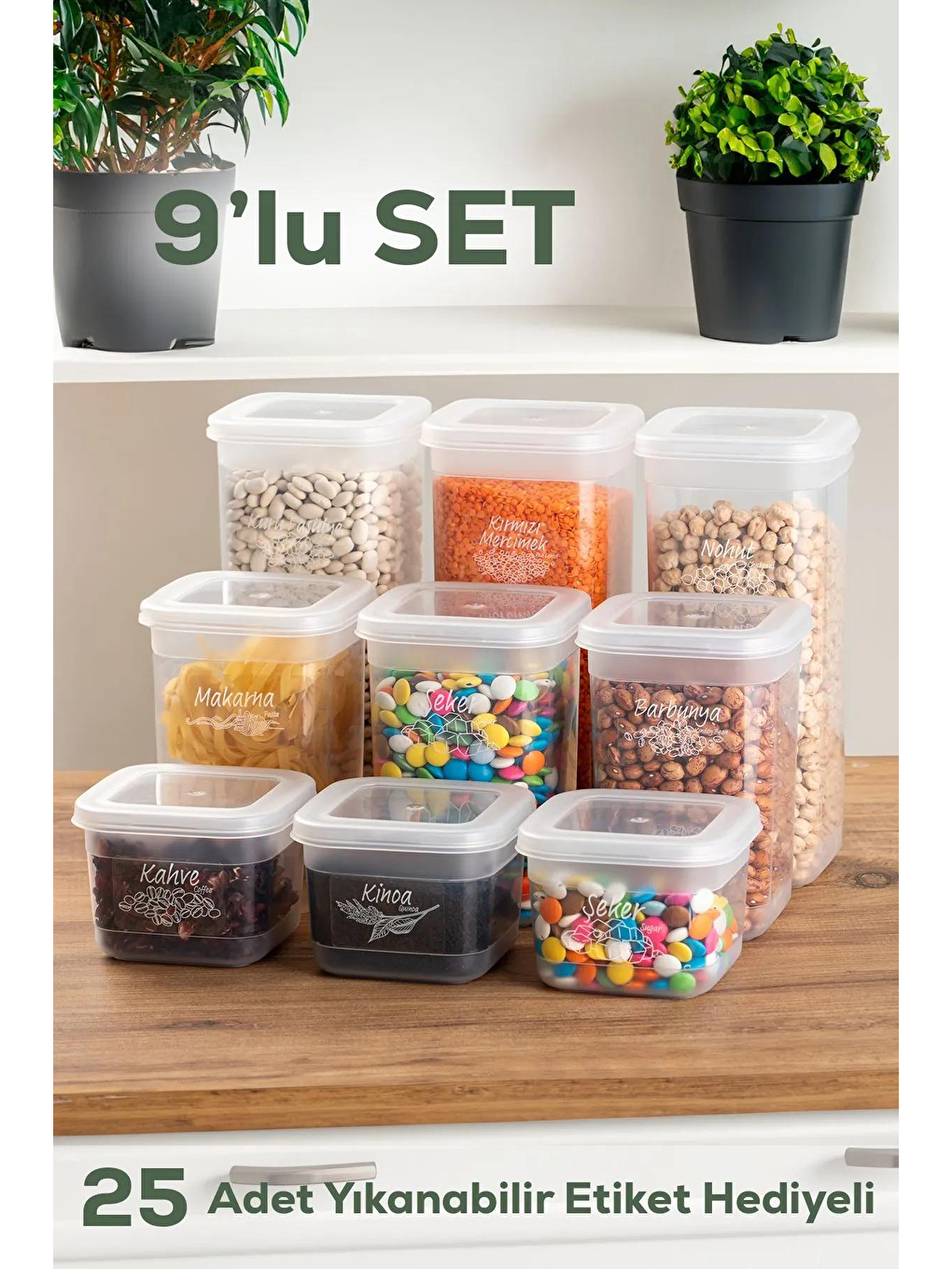 Beyaz 433-3 9 lu Kare Etiketli Gıda Erzak Baharat Saklama Kabı Seti 3x(0.60+1.30+1.90) Lt Şeffaf