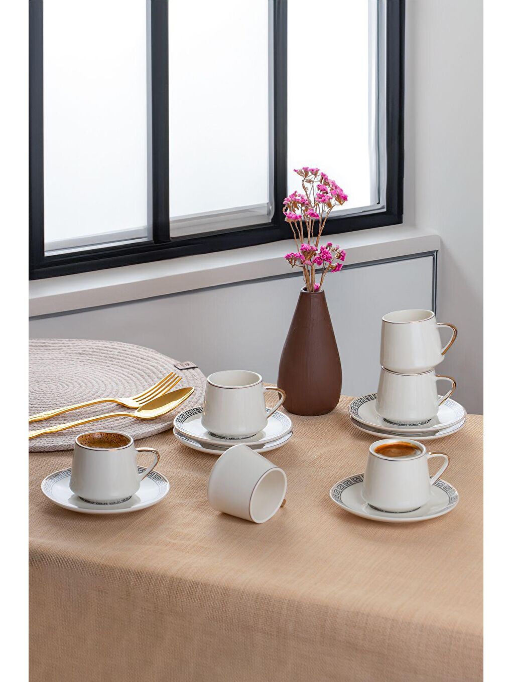 2130 Gold Yaldızlı Fincan Takımı Beyaz - Porselen Türk Kahvesi Fincan Takımı - 6 Kişilik 12 Parça