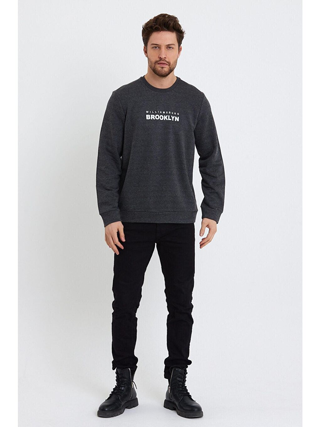 Süperlife Antrasit Erkek Bisiklet Yaka Regular Fit Brooklyn Baskılı İnce Sweatshirt SPR23SW330 - 4