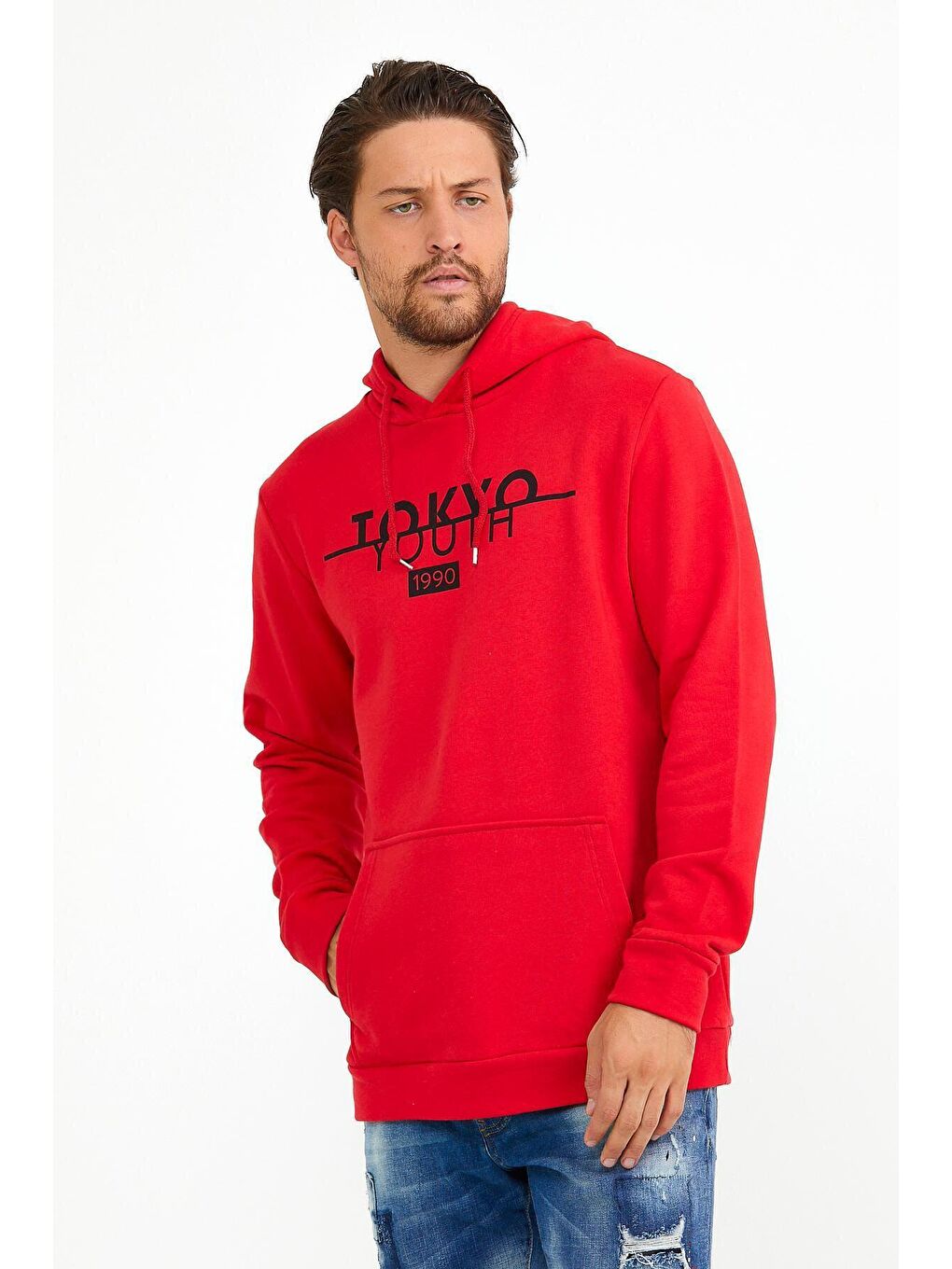 Kırmızı Erkek Kapüşonlu Regular Fit Tokyo Baskılı İnce Hoodie SPR22SW164