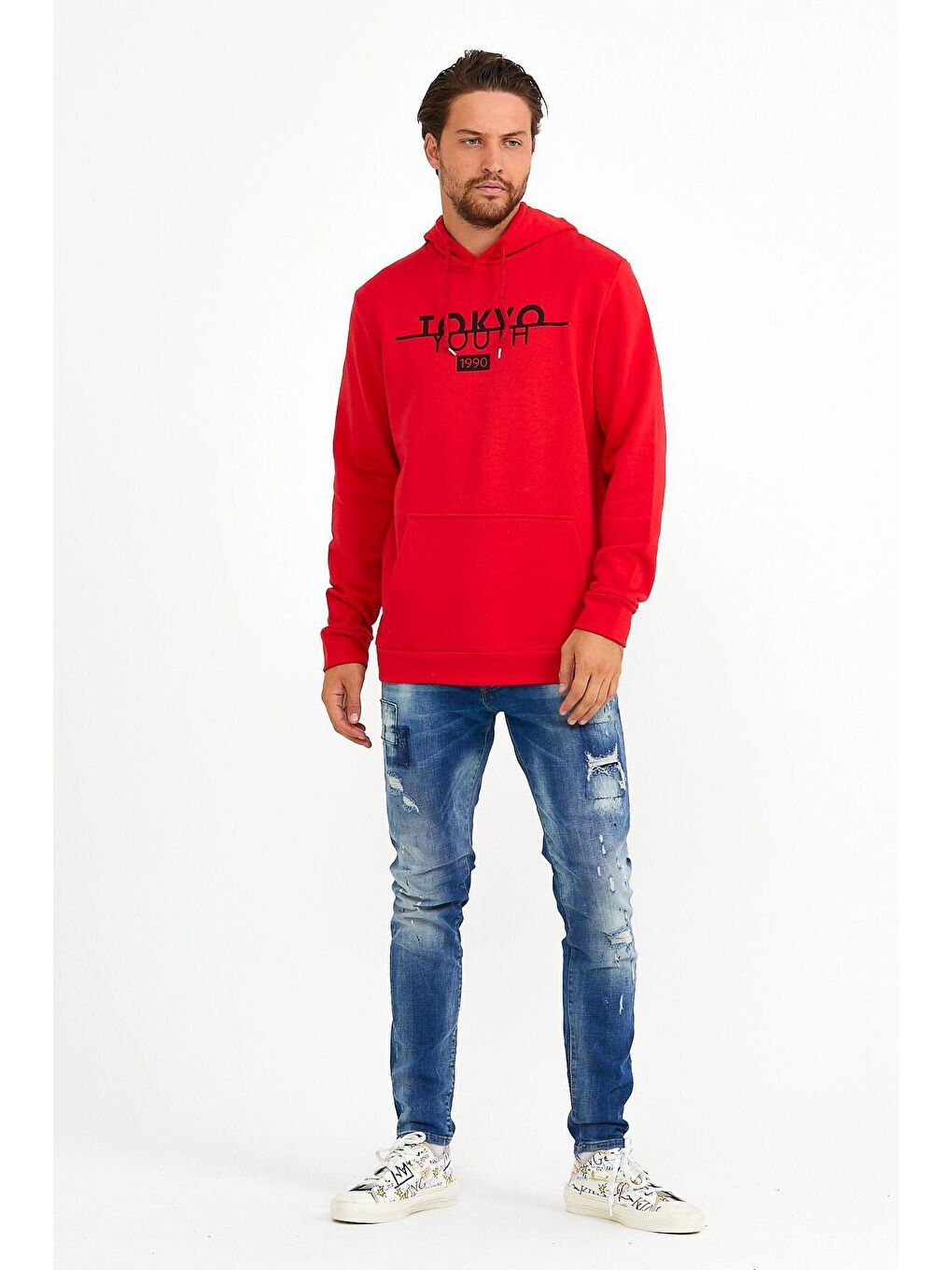 Kırmızı Erkek Kapüşonlu Regular Fit Tokyo Baskılı İnce Hoodie SPR22SW164-1