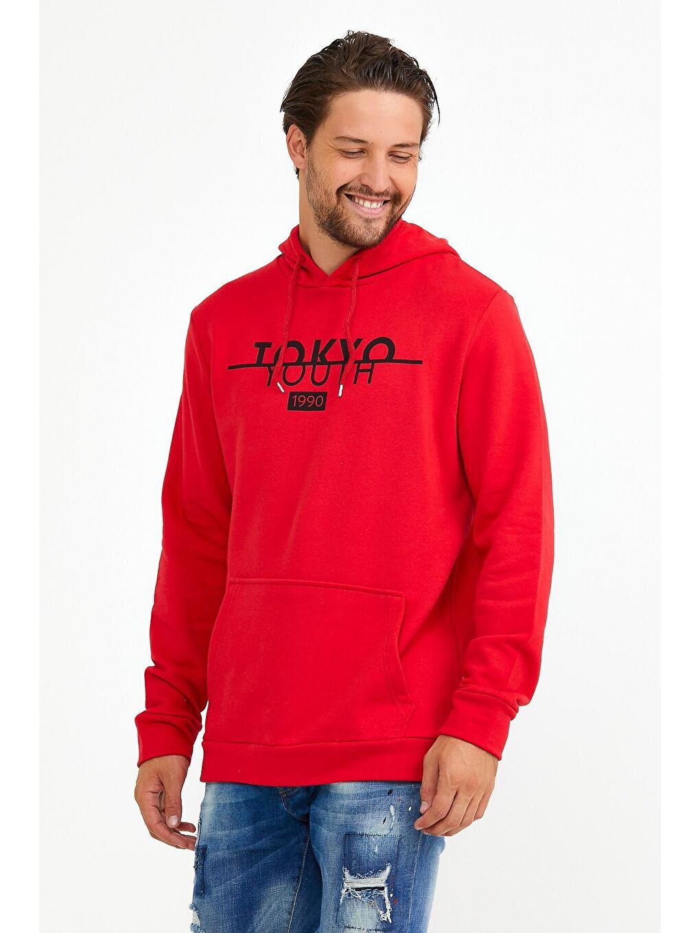 Kırmızı Erkek Kapüşonlu Regular Fit Tokyo Baskılı İnce Hoodie SPR22SW164-2