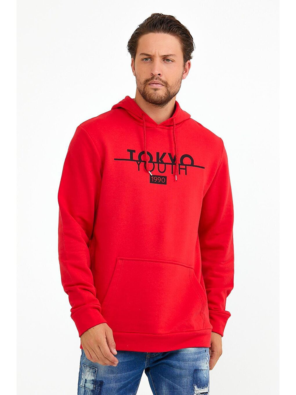 Kırmızı Erkek Kapüşonlu Regular Fit Tokyo Baskılı İnce Hoodie SPR22SW164-3