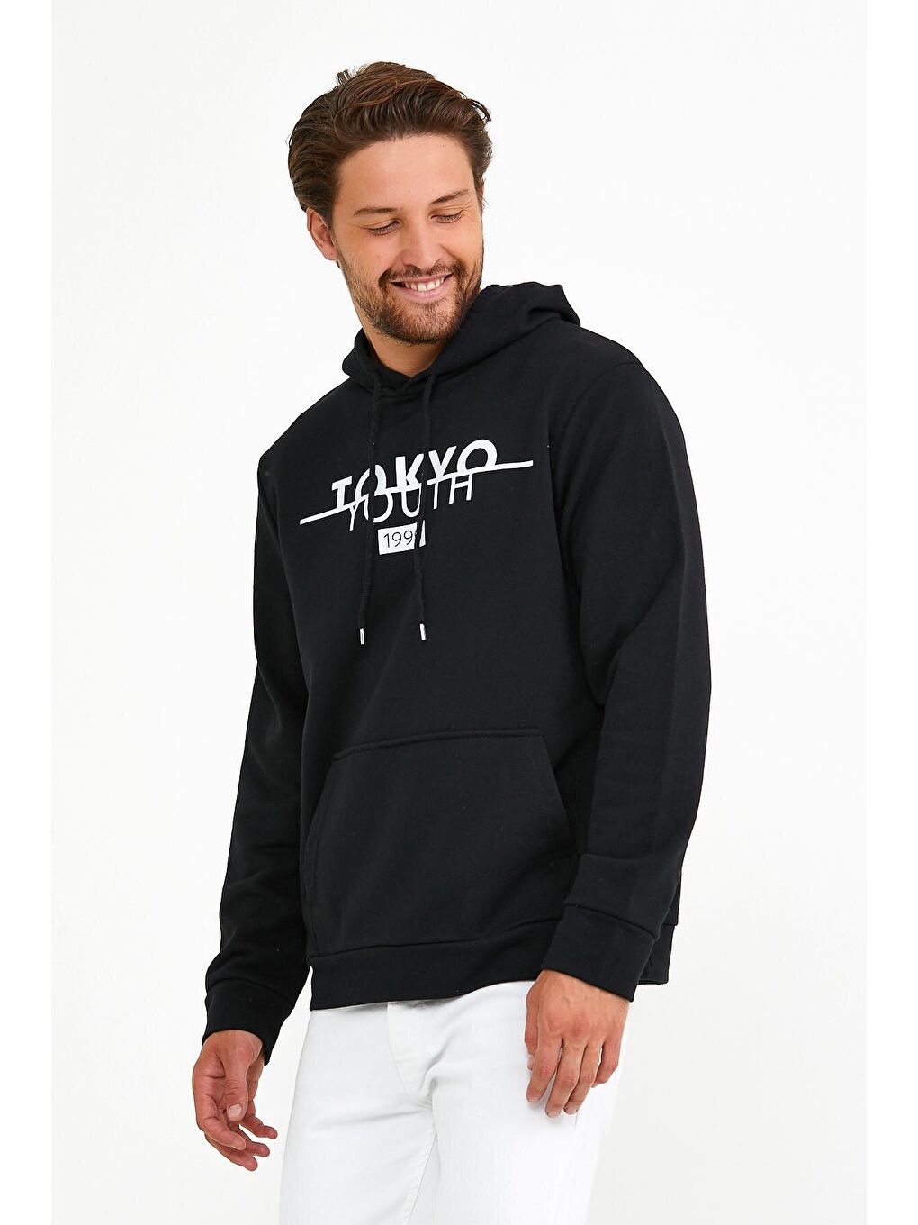 Süperlife Siyah Erkek Kapşonlu Regular Fit Tokyo Baskılı İnce Sweatshirt SPR22SW164