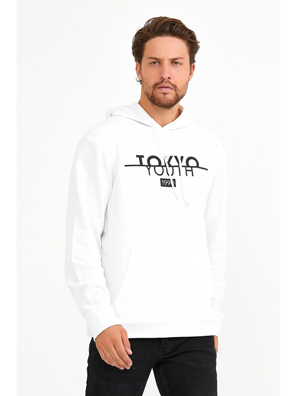 Süperlife Ekru Erkek Kapşonlu Regular Fit Tokyo Baskılı İnce Sweatshirt SPR22SW164